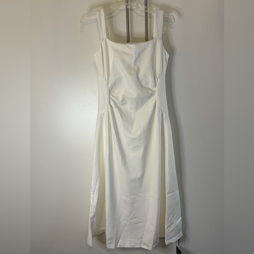 FIBFLX Chic Square Neck White Midi Dress w Pleated Waist L
